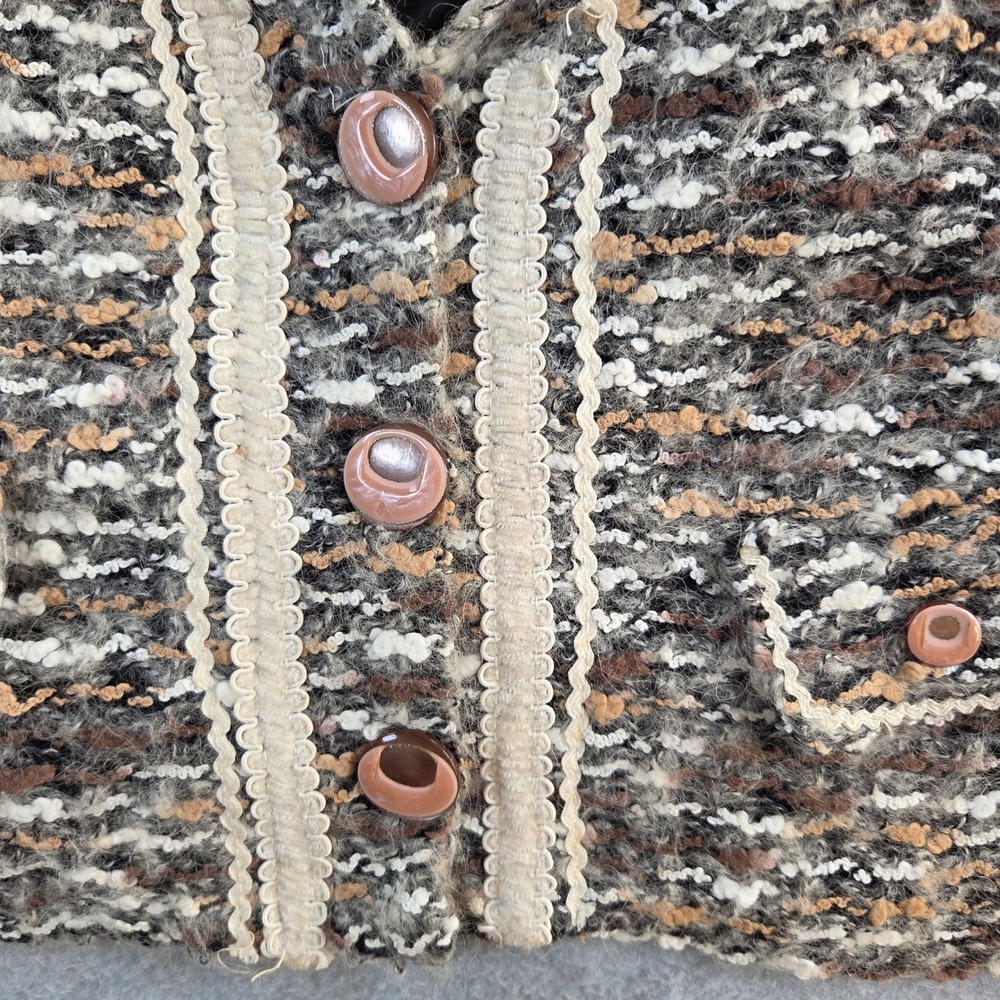 Vintage Cropped Bouclé Jacket Women Size 46 Brown Tan Tweed Ric-Rac Trim - Picture 3 of 8